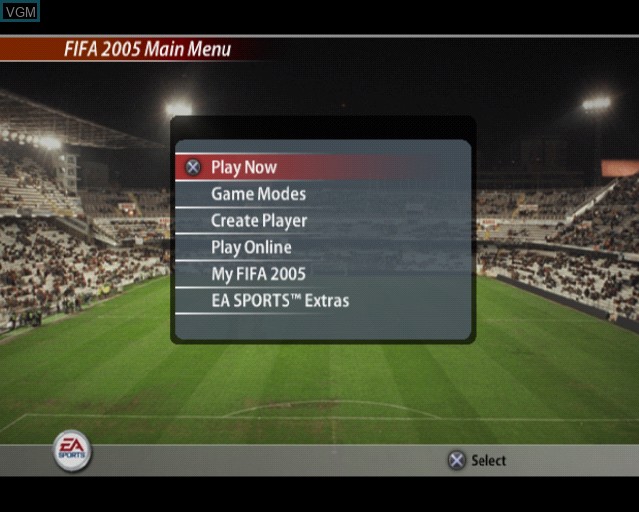 Menu screen of the game FIFA Football 2005 on Sony Playstation 2