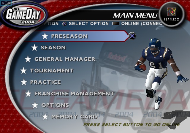 Menu screen of the game NFL GameDay 2004 on Sony Playstation 2