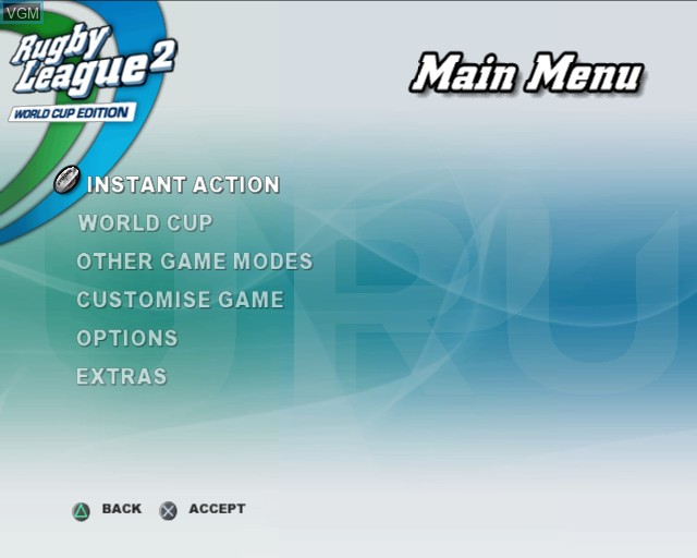 Menu screen of the game Rugby League 2 - World Cup Edition on Sony Playstation 2