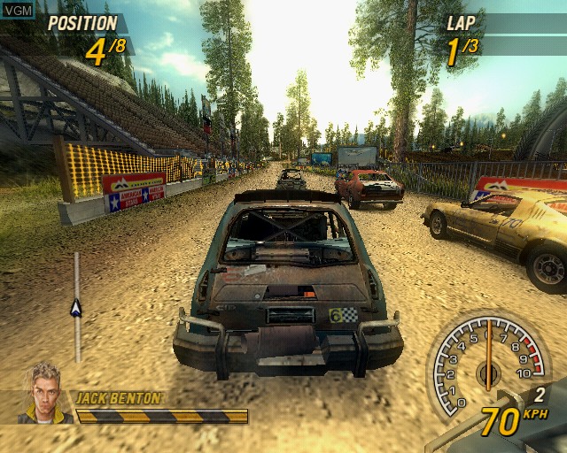 In-game screen of the game FlatOut 2 on Sony Playstation 2