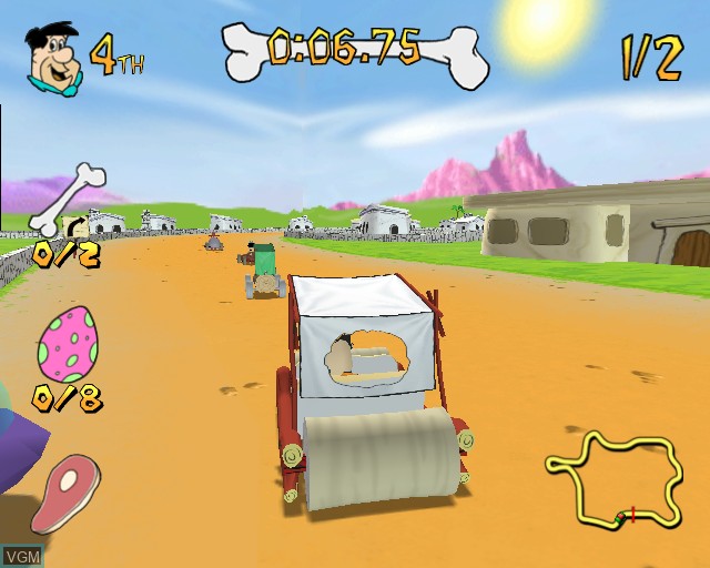 In-game screen of the game Flintstones, The - Bedrock Racing on Sony Playstation 2