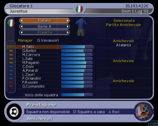 In-game screen of the game Football Manager 2002 on Sony Playstation 2