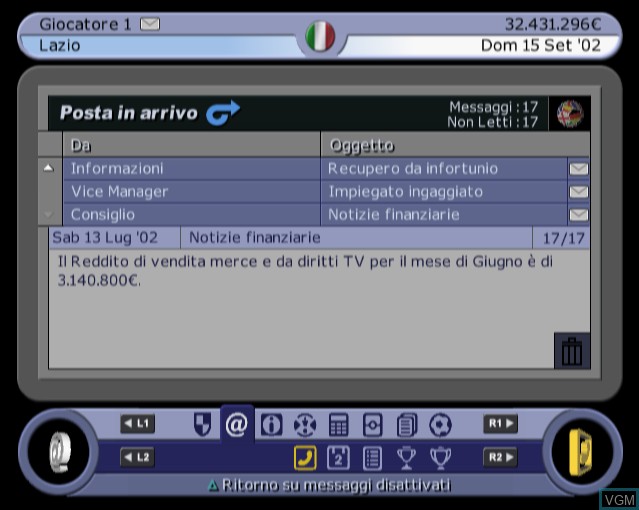 In-game screen of the game Football Manager 2003 on Sony Playstation 2