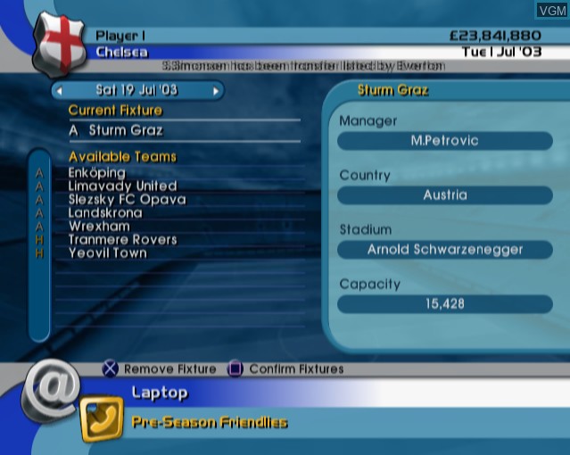 In-game screen of the game LMA Manager 2004 on Sony Playstation 2