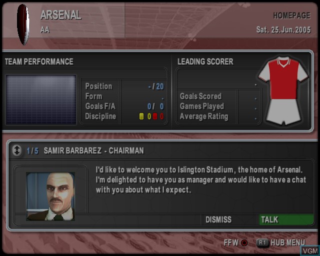 In-game screen of the game Premier Manager 2005-2006 on Sony Playstation 2