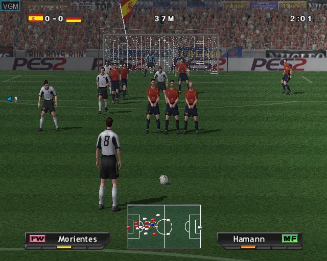 In-game screen of the game Pro Evolution Soccer 2 on Sony Playstation 2
