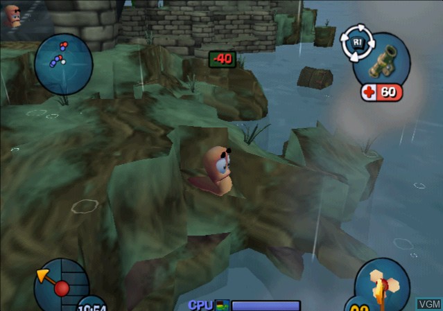 In-game screen of the game Worms 3D on Sony Playstation 2