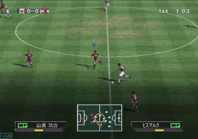 In-game screen of the game J.League Winning Eleven 5 on Sony Playstation 2