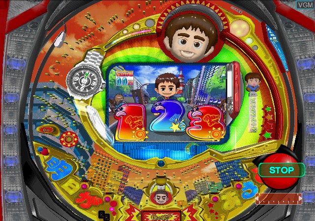 In-game screen of the game Hisshou Pachinko*Pachi-Slot Kouryoku Series Vol. 4 - CR Ashita Gaarusa Yoshimoto World on Sony Playstation 2