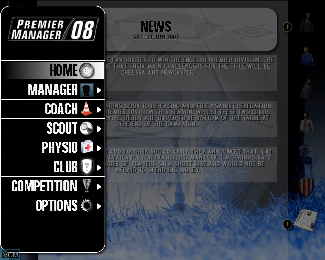 In-game screen of the game Premier Manager 08 on Sony Playstation 2