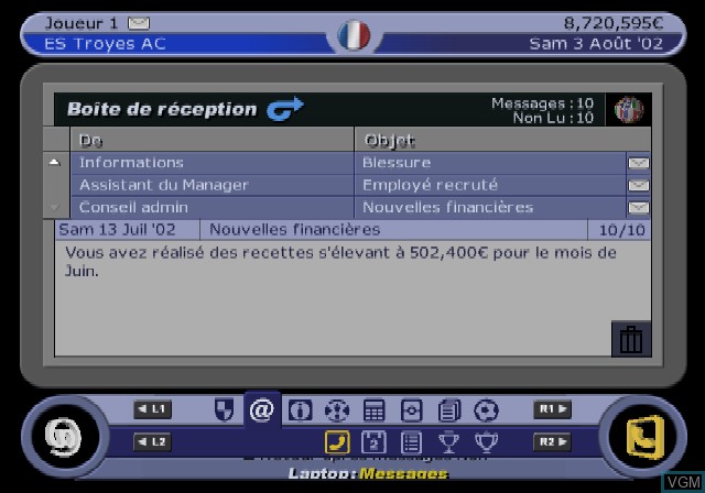 In-game screen of the game Roger Lemerre - La Sélection des Champions 2003 on Sony Playstation 2