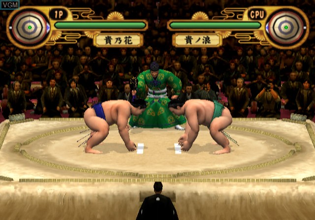 In-game screen of the game Nihon Sumou Kyoukai Kounin - Nihon Oozumou - Kakutou-hen on Sony Playstation 2
