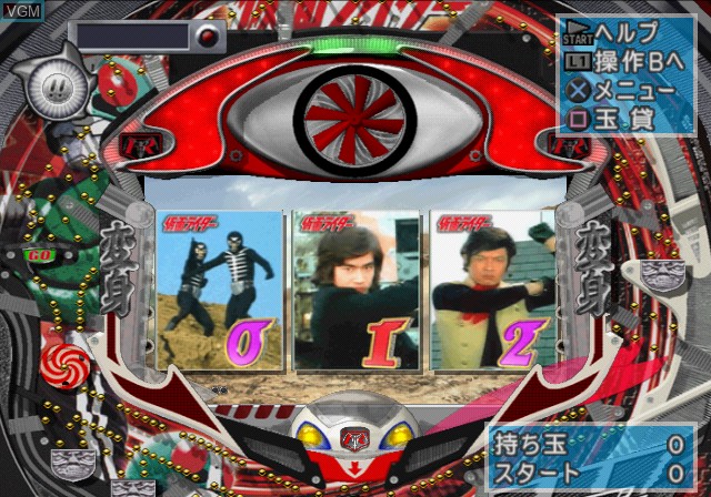 In-game screen of the game Pachitte Chonmage Tatsujin 14 - Pachinko Kamen Rider - Shocker Zenmetsu Daisakusen on Sony Playstation 2