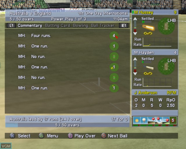 In-game screen of the game International Cricket Captain III on Sony Playstation 2