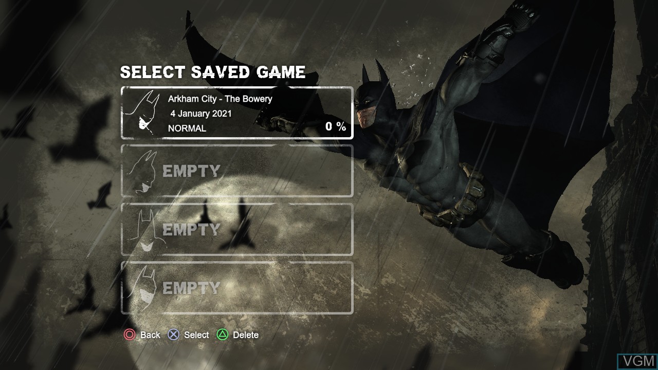 Menu screen of the game Batman - Arkham City on Sony Playstation 3
