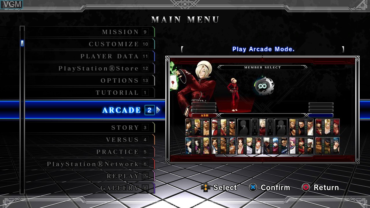 Menu screen of the game King of Fighters XIII, The on Sony Playstation 3