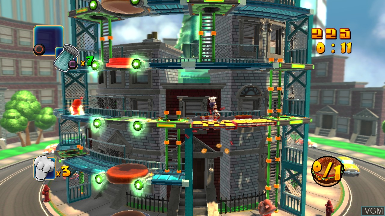 In-game screen of the game BurgerTime World Tour on Sony Playstation 3