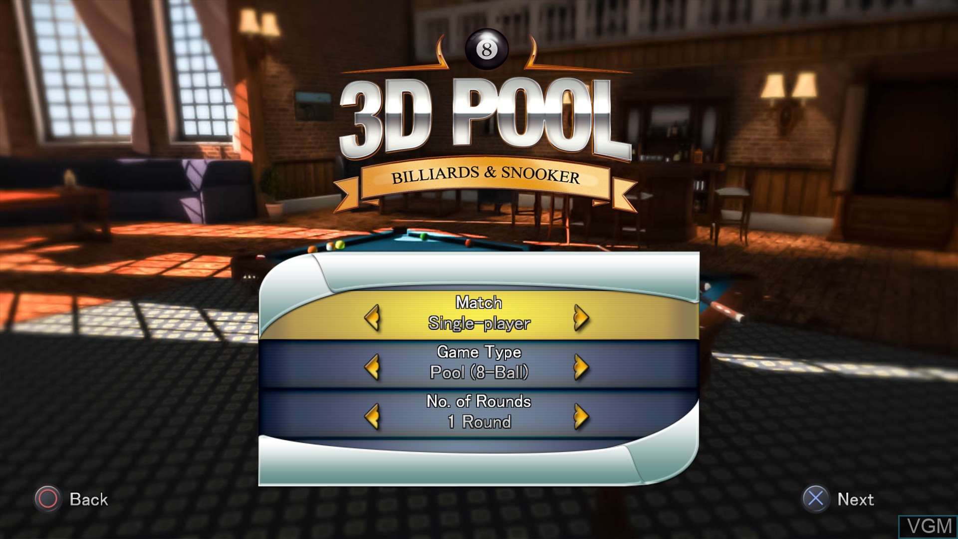Menu screen of the game 3D Billiards - Billards & Snooker on Sony Playstation 4
