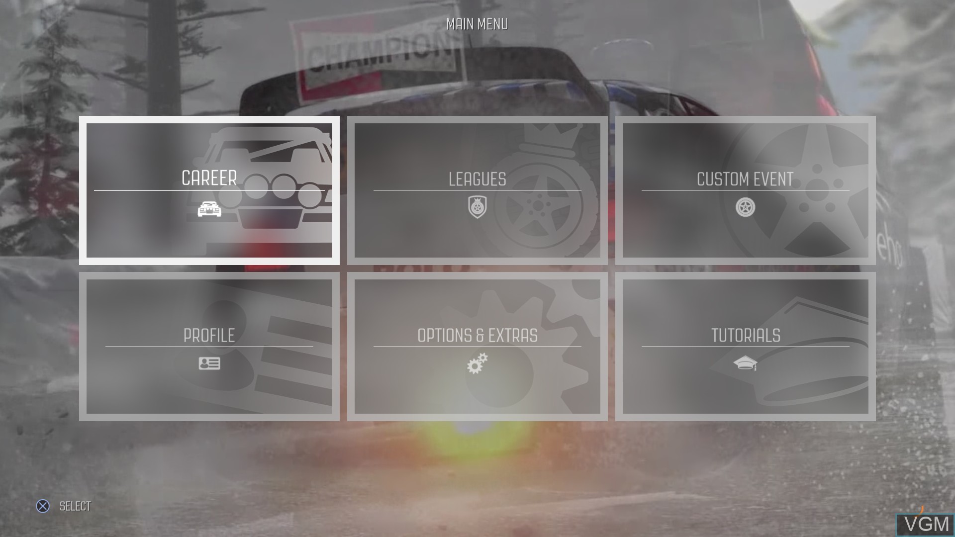Menu screen of the game DiRT Rally on Sony Playstation 4