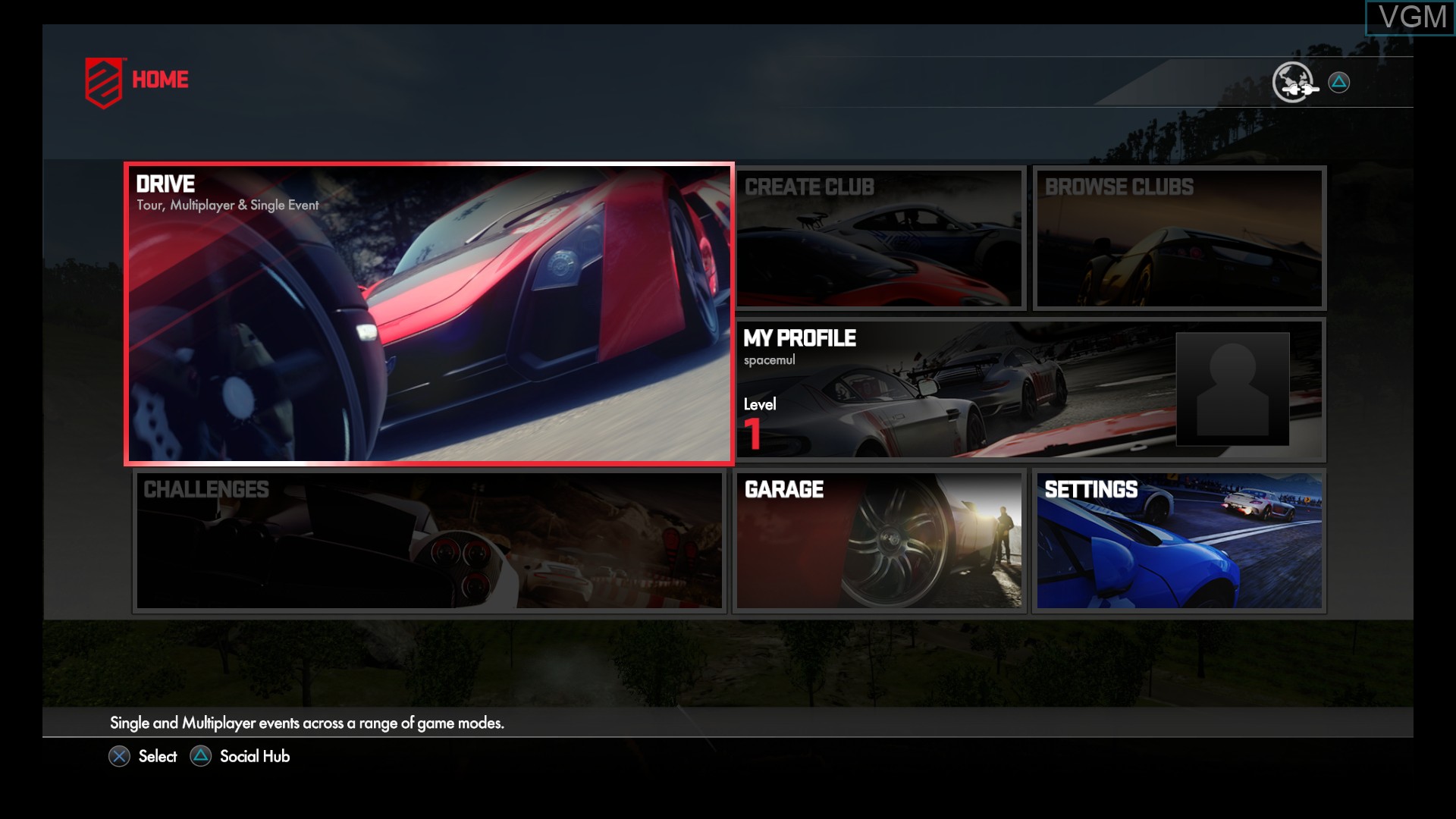 Menu screen of the game Driveclub on Sony Playstation 4