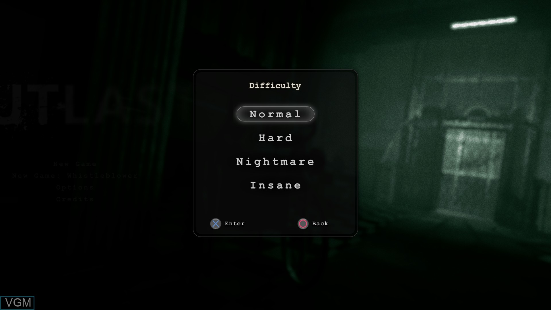 Menu screen of the game Outlast on Sony Playstation 4