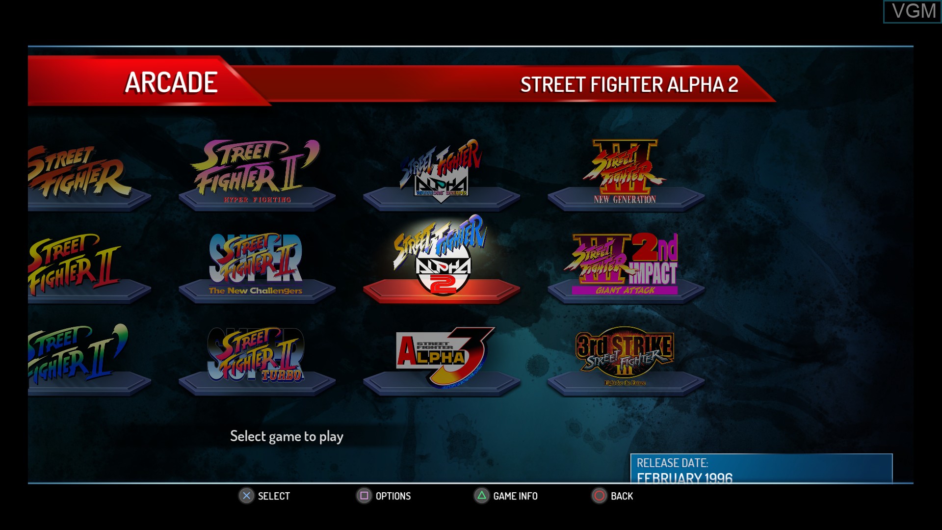 Menu screen of the game Street Fighter - 30th Anniversary Collection on Sony Playstation 4