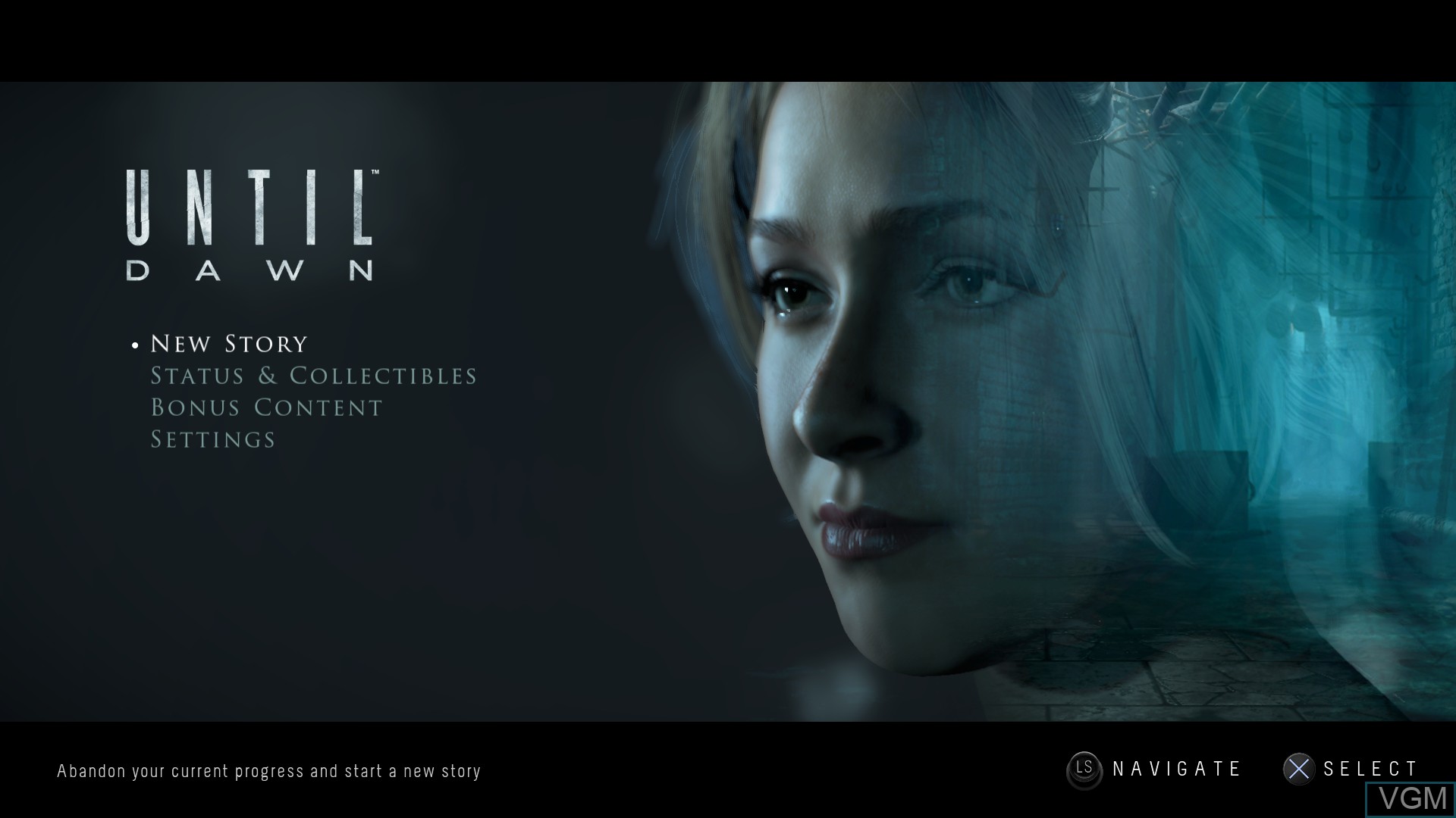 Menu screen of the game Until Dawn on Sony Playstation 4