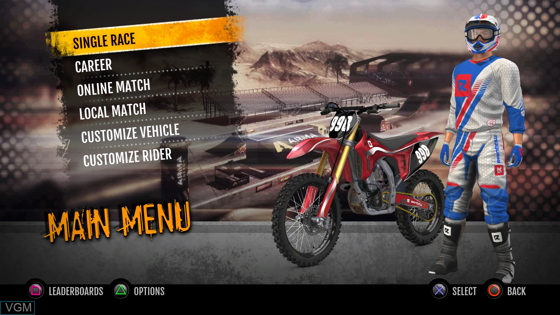 Menu screen of the game MX vs. ATV Supercross Encore on Sony Playstation 4