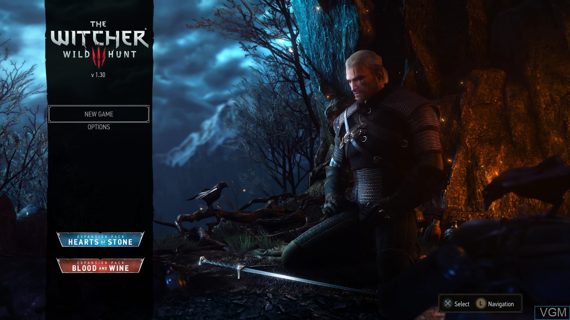Menu screen of the game Witcher 3, The ? Wild Hunt on Sony Playstation 4