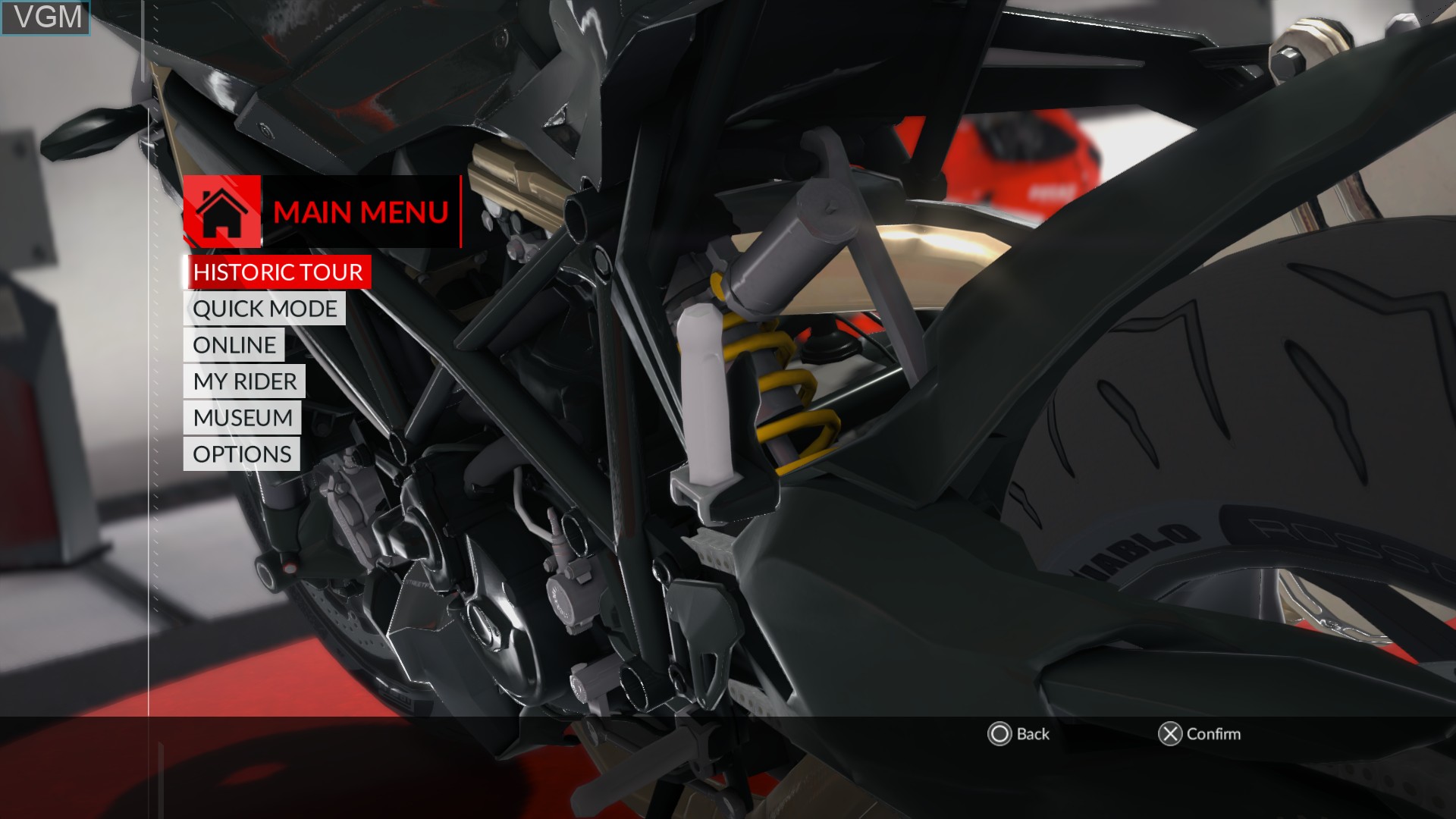 Menu screen of the game DUCATI - 90th Anniversary on Sony Playstation 4