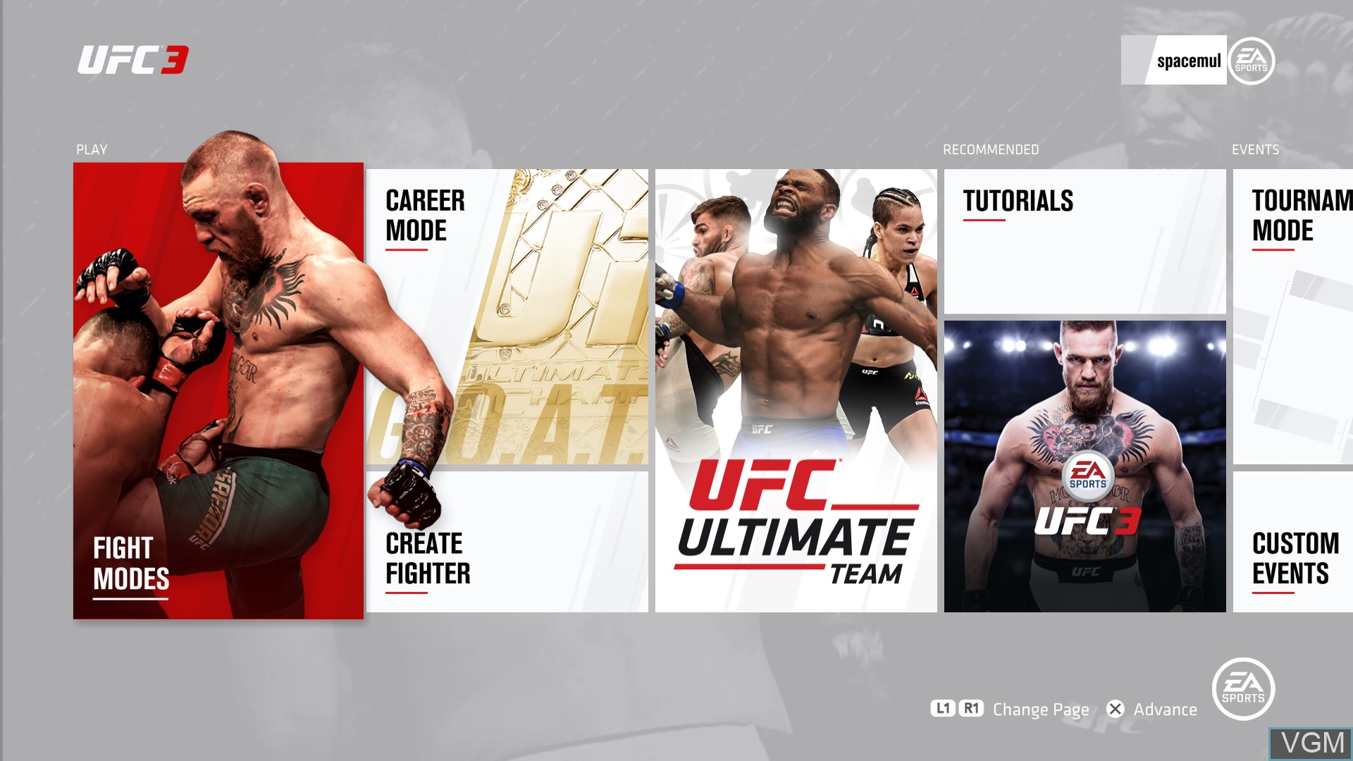 Menu screen of the game EA Sports UFC 3 on Sony Playstation 4