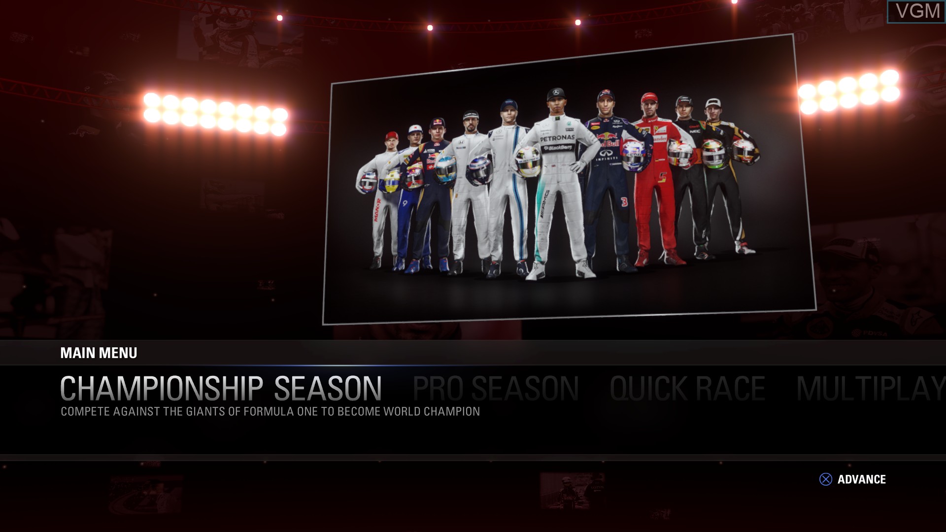 Menu screen of the game F1 2015 on Sony Playstation 4