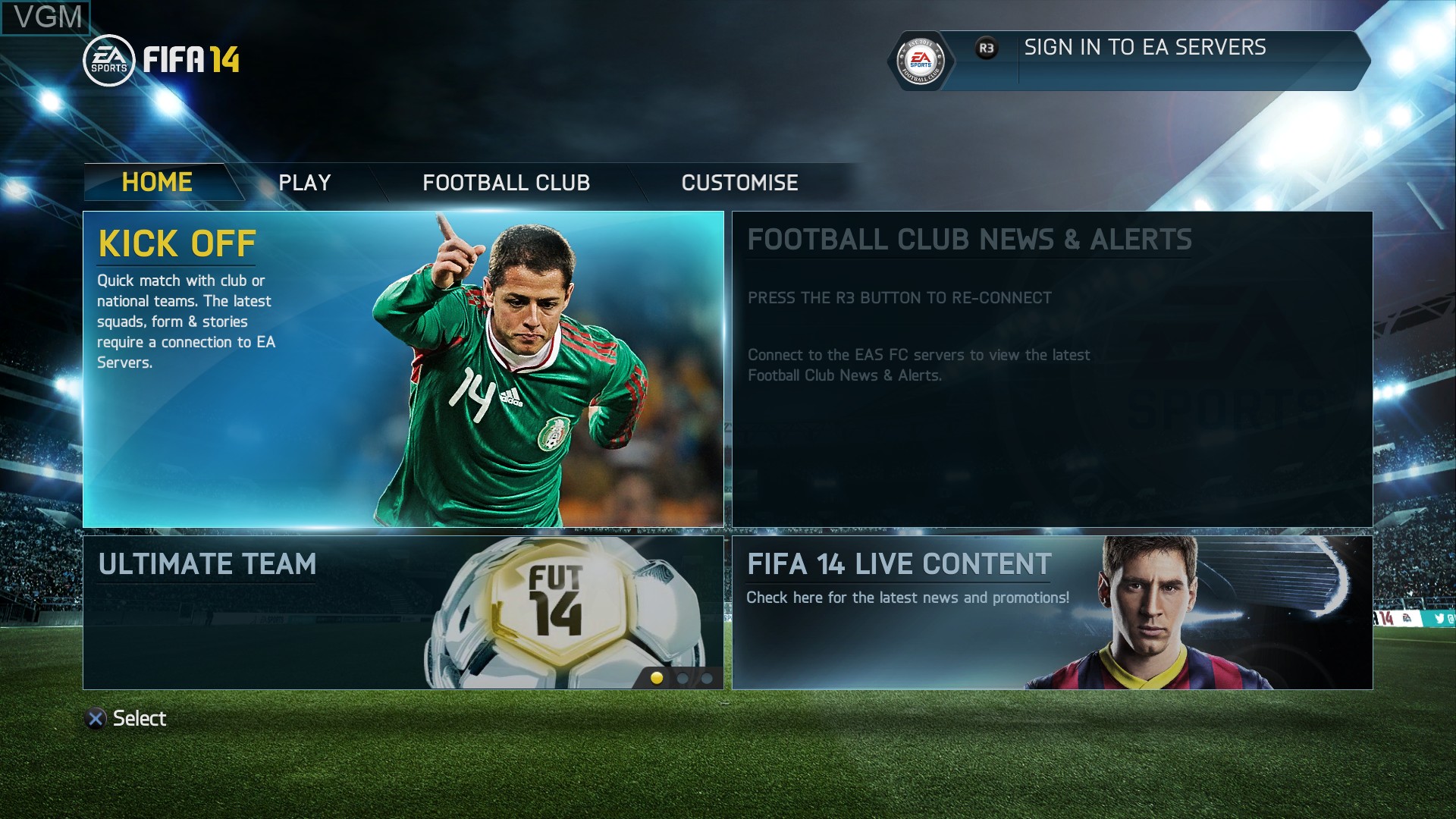 Menu screen of the game FIFA 14 on Sony Playstation 4