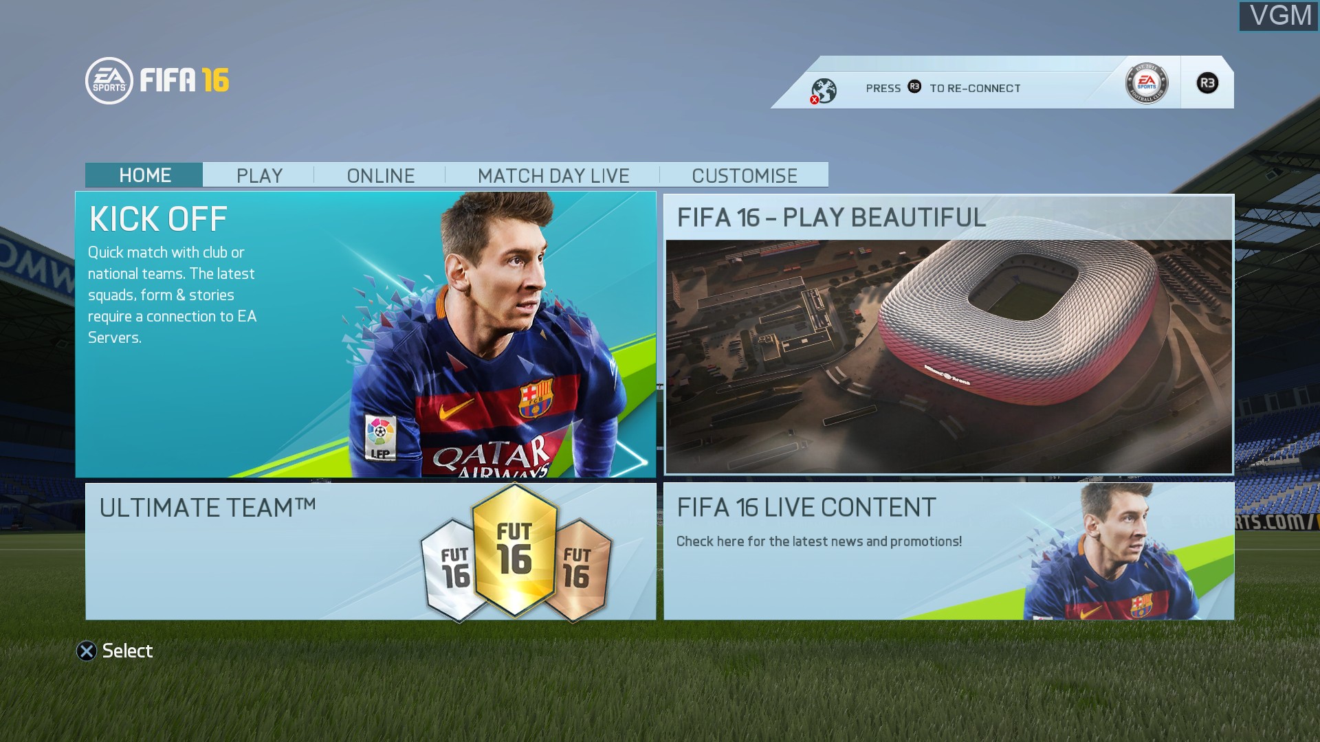 Menu screen of the game FIFA 16 on Sony Playstation 4