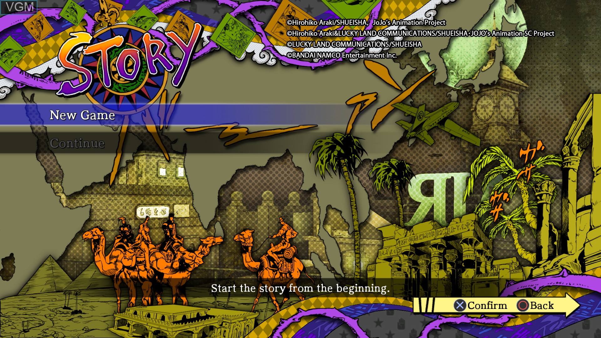 Menu screen of the game JoJo's Bizarre Adventure - Eyes of Heaven on Sony Playstation 4