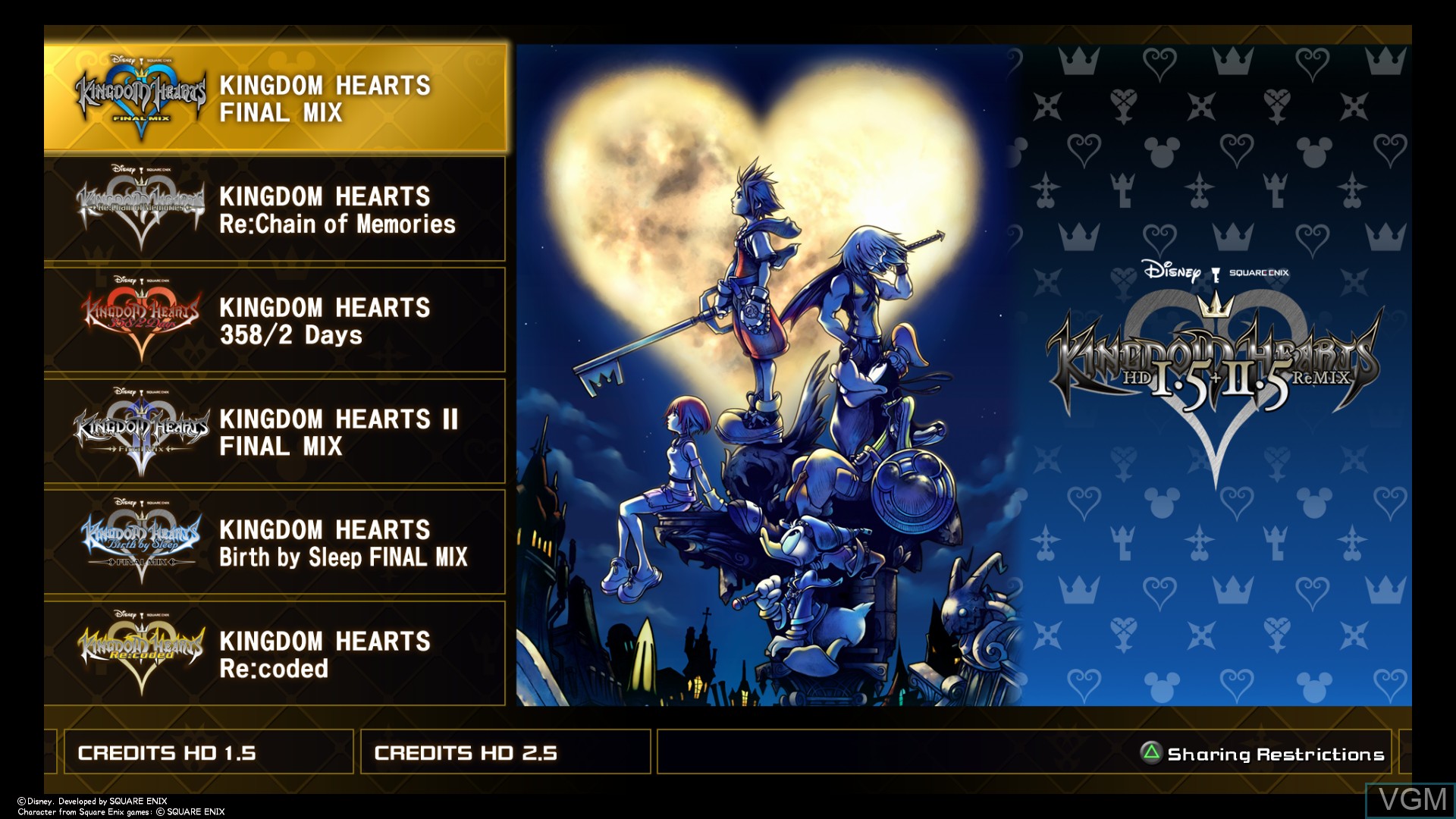 Menu screen of the game Kingdom Hearts HD I.5 + II.5 Remix on Sony Playstation 4