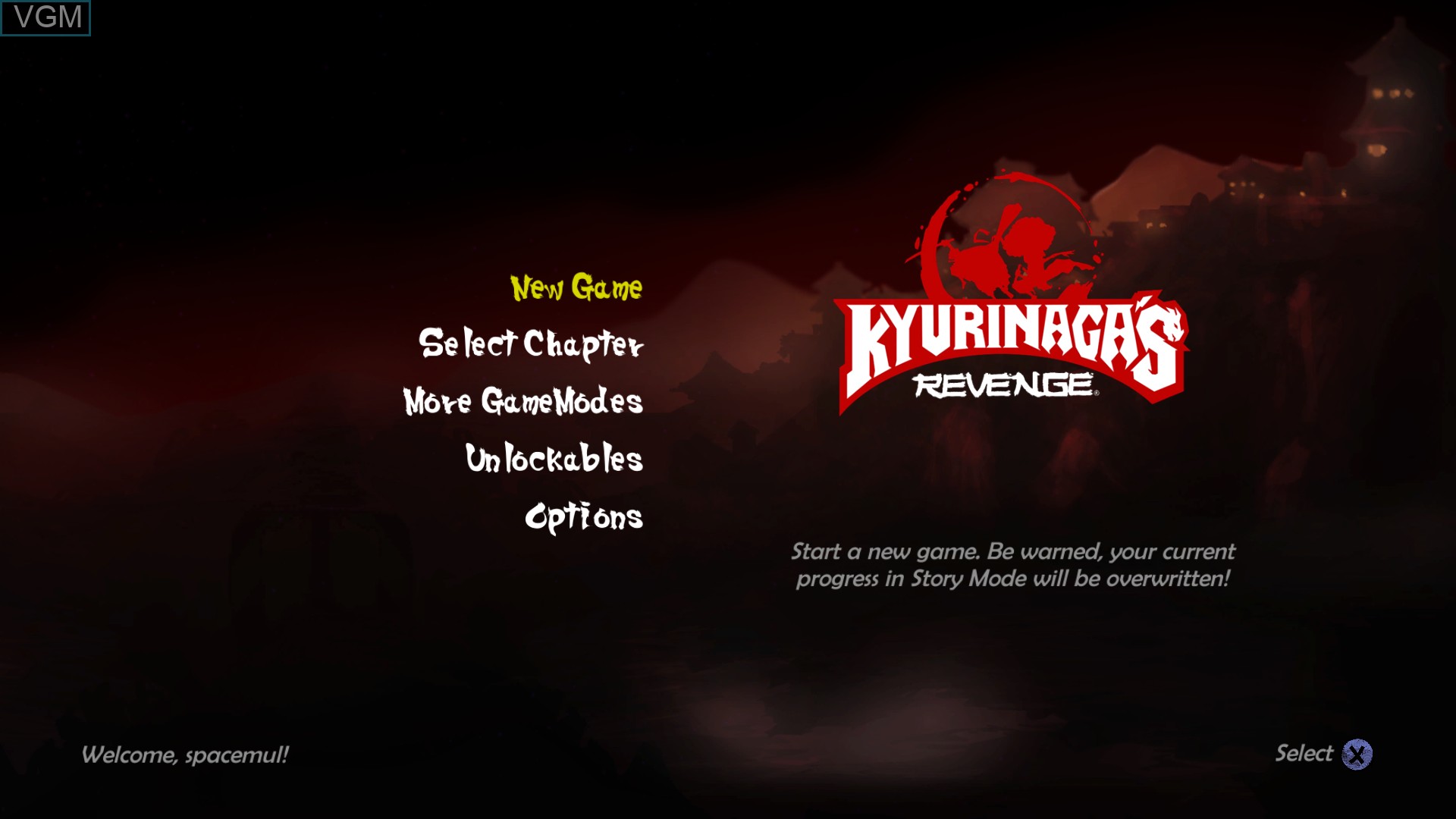 Menu screen of the game Kyurinaga's Revenge on Sony Playstation 4
