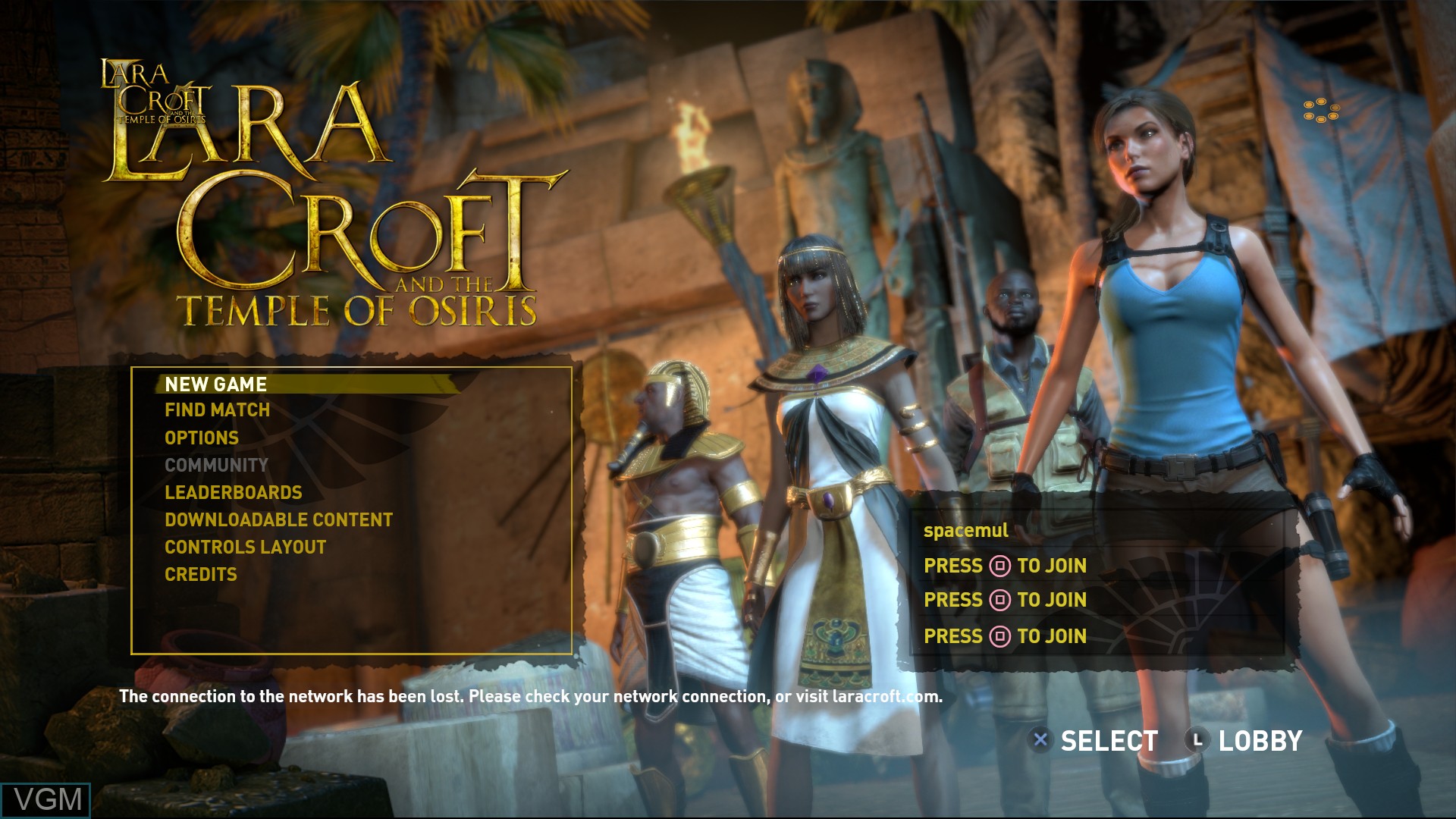 Menu screen of the game Lara Croft and the Temple of Osiris on Sony Playstation 4