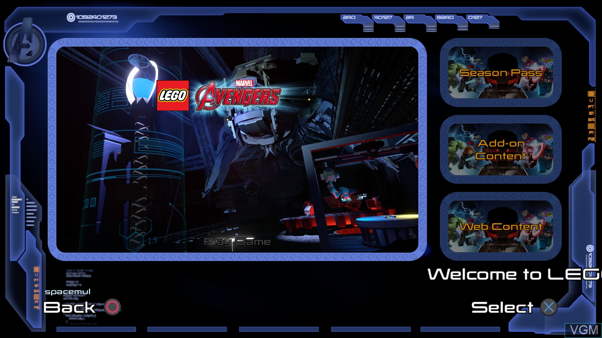 Menu screen of the game LEGO Marvel's Avengers on Sony Playstation 4