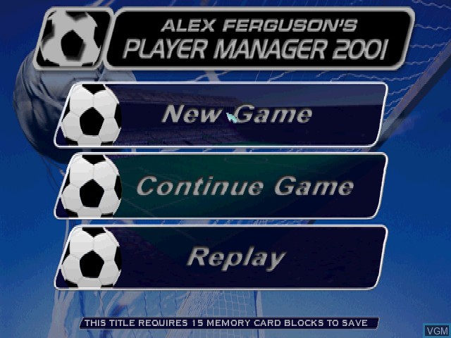 Title screen of the game Alex Ferguson's Player Manager 2001 on Sony Playstation
