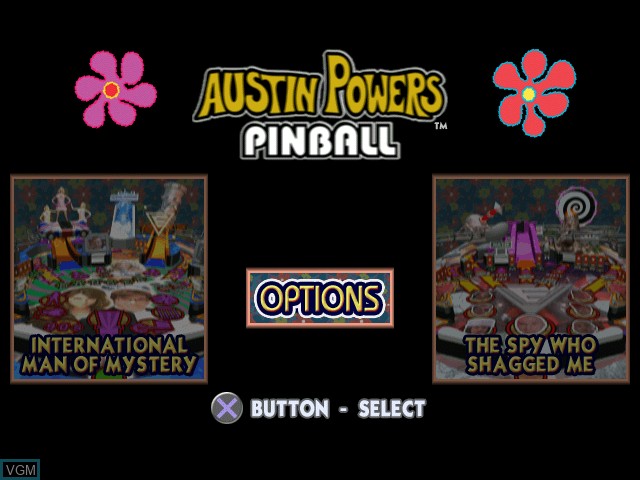 Title screen of the game Austin Powers Pinball on Sony Playstation