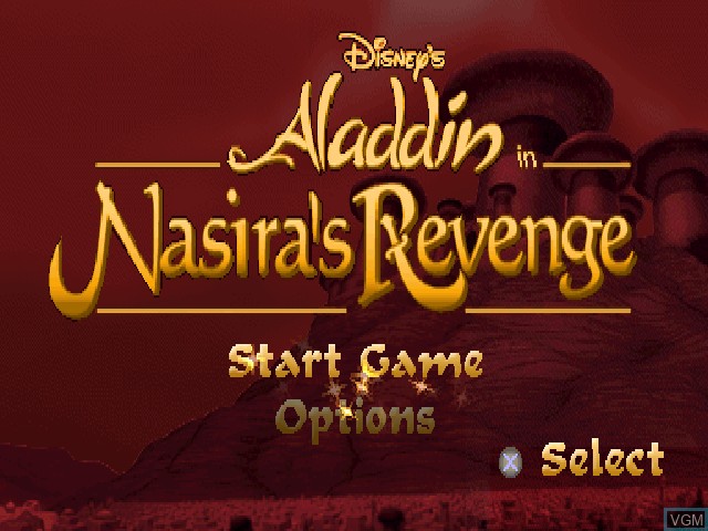 Title screen of the game Aladdin in Nasira's Revenge on Sony Playstation