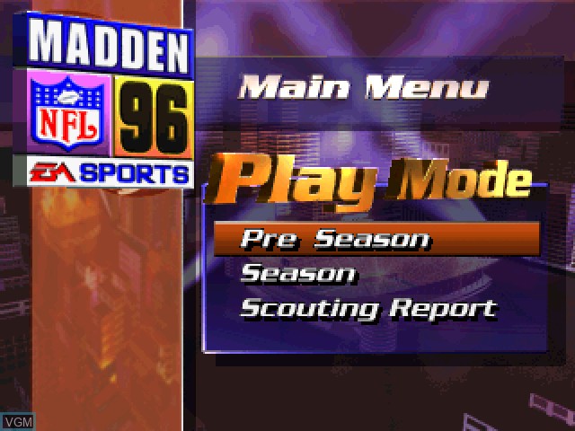 Title screen of the game Madden NFL 96 on Sony Playstation