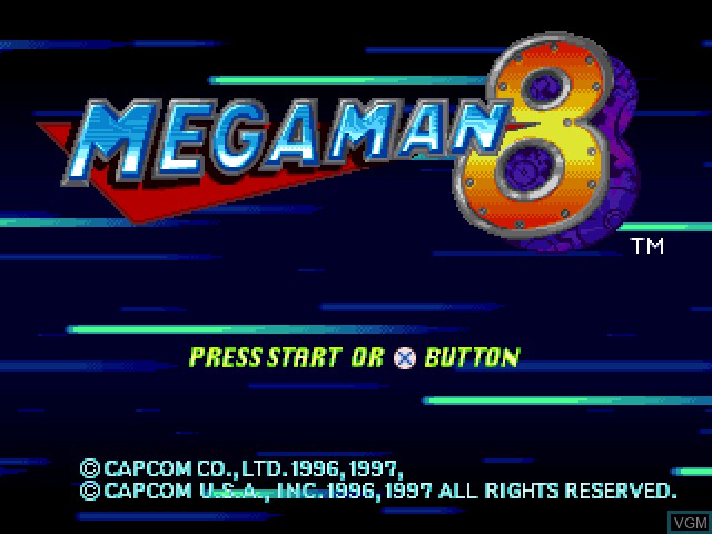 Title screen of the game Mega Man 8 on Sony Playstation
