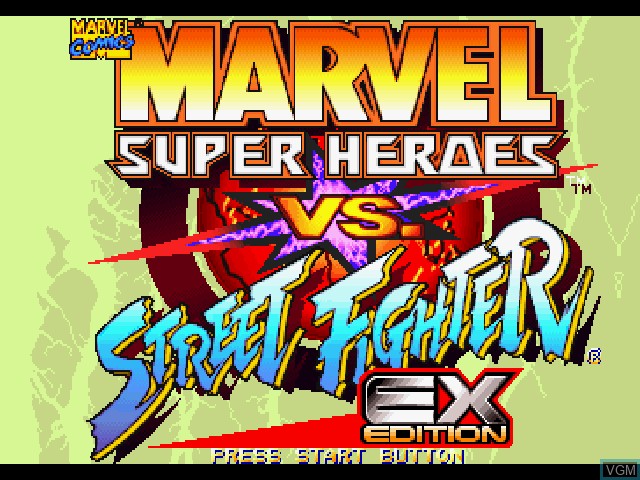 Title screen of the game Marvel Super Heroes vs. Street Fighter EX Edition on Sony Playstation