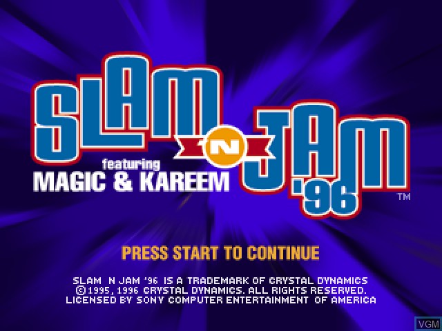 Title screen of the game Slam 'n Jam '96 featuring Magic & Kareem on Sony Playstation