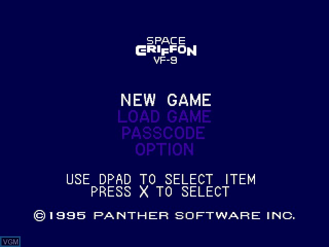 Title screen of the game Space Griffon VF-9 on Sony Playstation