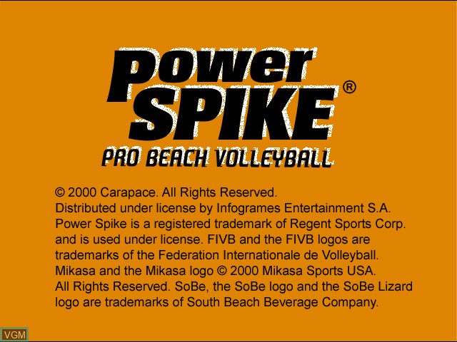 Title screen of the game Power Spike Pro Beach Volleyball on Sony Playstation