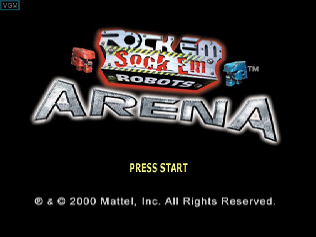 Title screen of the game Rock 'Em Sock 'Em Robots Arena on Sony Playstation