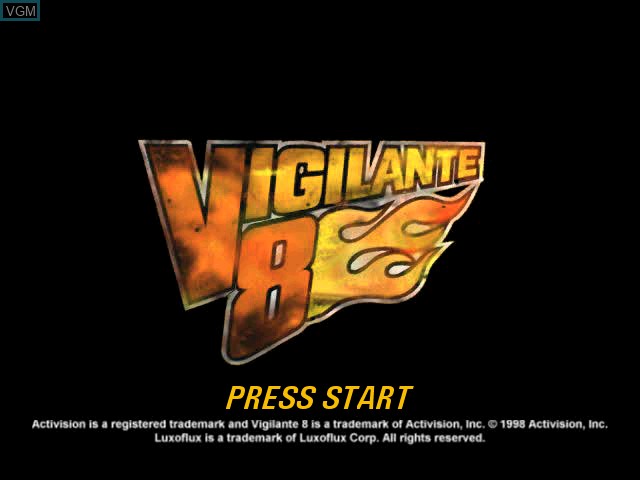 Title screen of the game Vigilante 8 on Sony Playstation